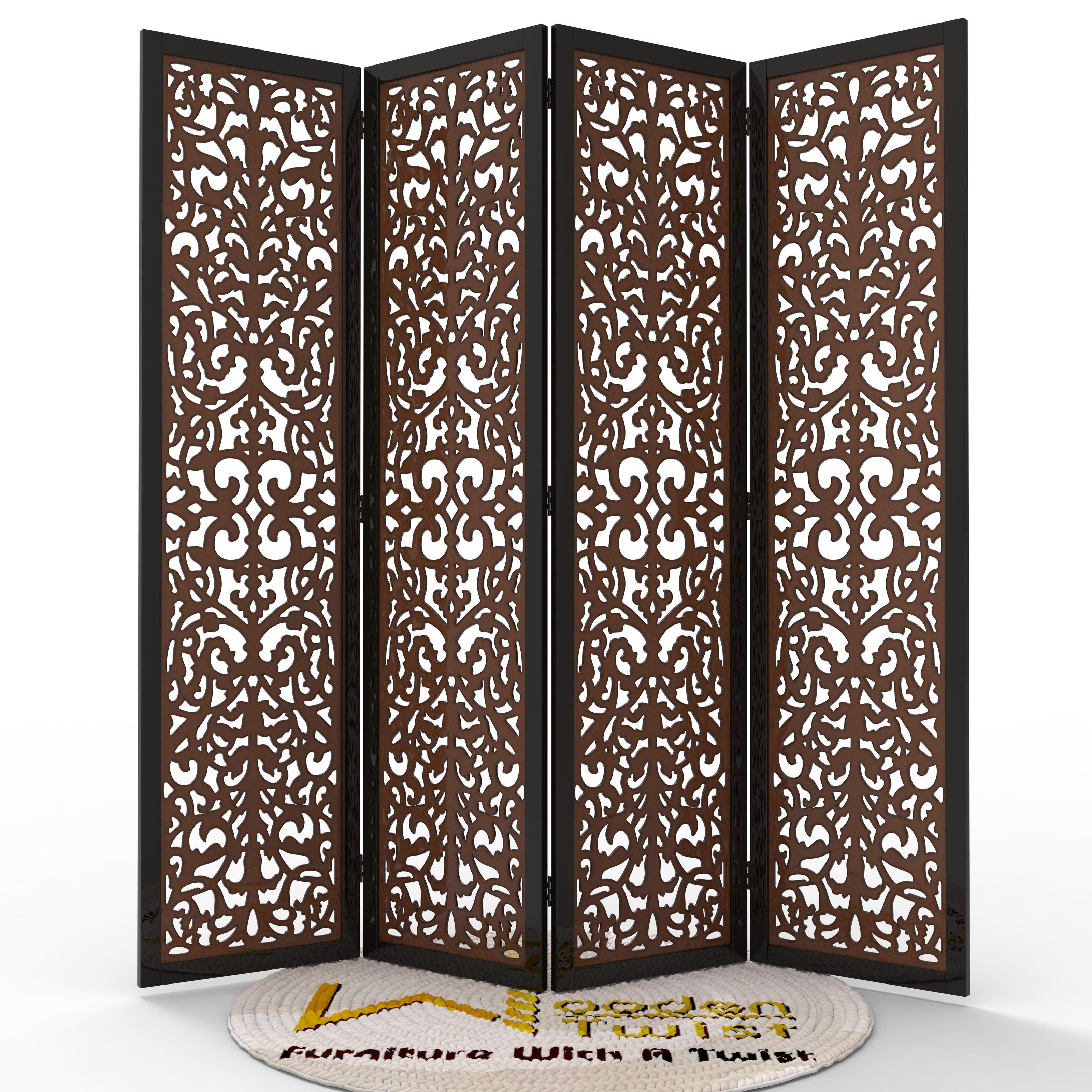 Handcrafted 4 Panel Wooden Room Partition & Room Divider (Dark Brown) - WoodenTwist
