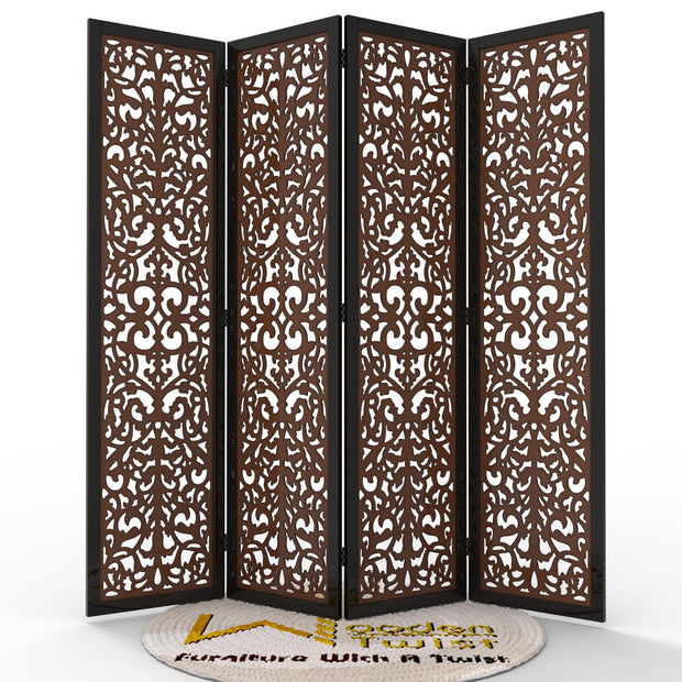 Handcrafted 4 Panel Wooden Room Partition & Room Divider (Dark Brown) - WoodenTwist