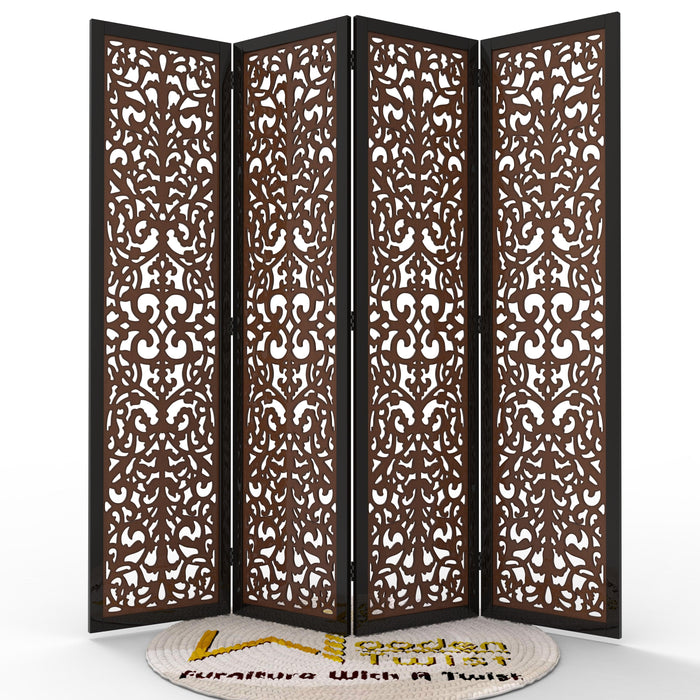 Handcrafted 4 Panel Wooden Room Partition & Room Divider (Dark Brown) - WoodenTwist