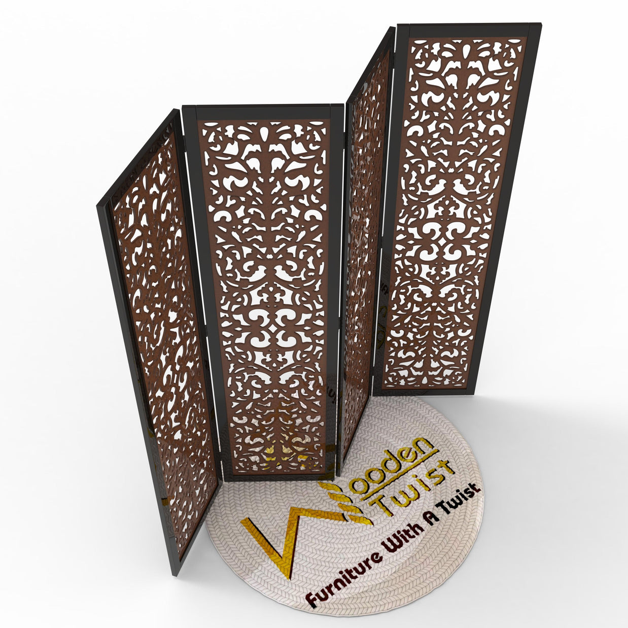 Handcrafted 4 Panel Wooden Room Partition & Room Divider (Dark Brown) - WoodenTwist