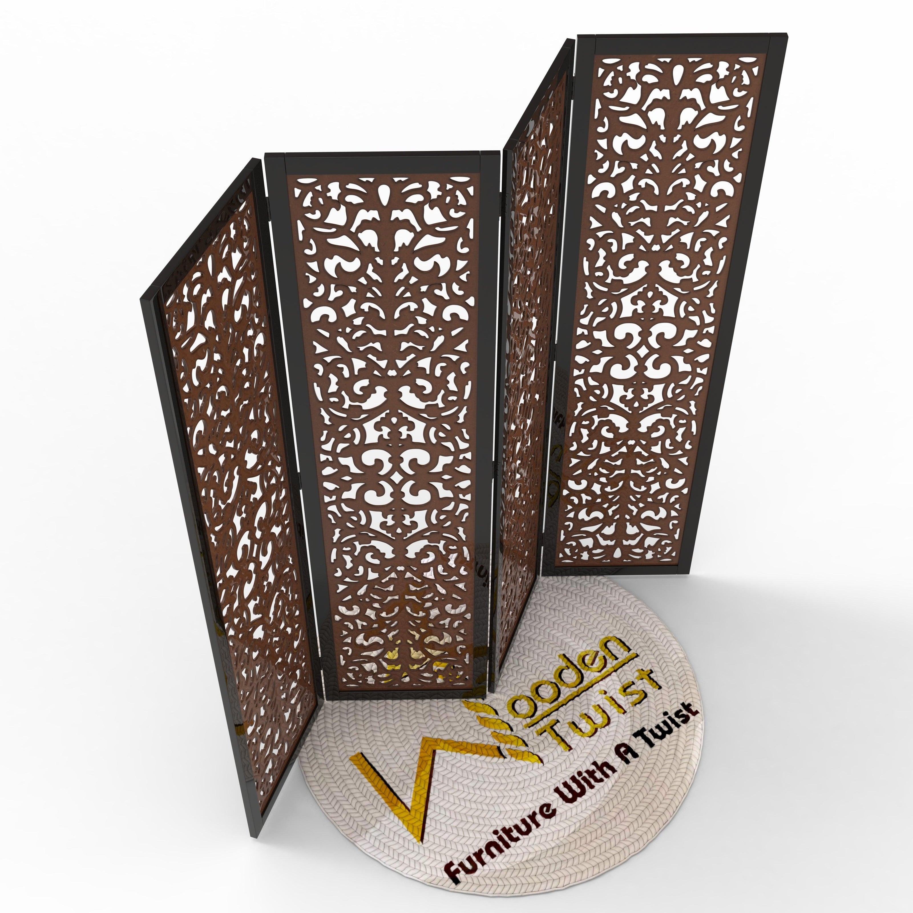 Handcrafted 4 Panel Wooden Room Partition & Room Divider (Dark Brown) - WoodenTwist