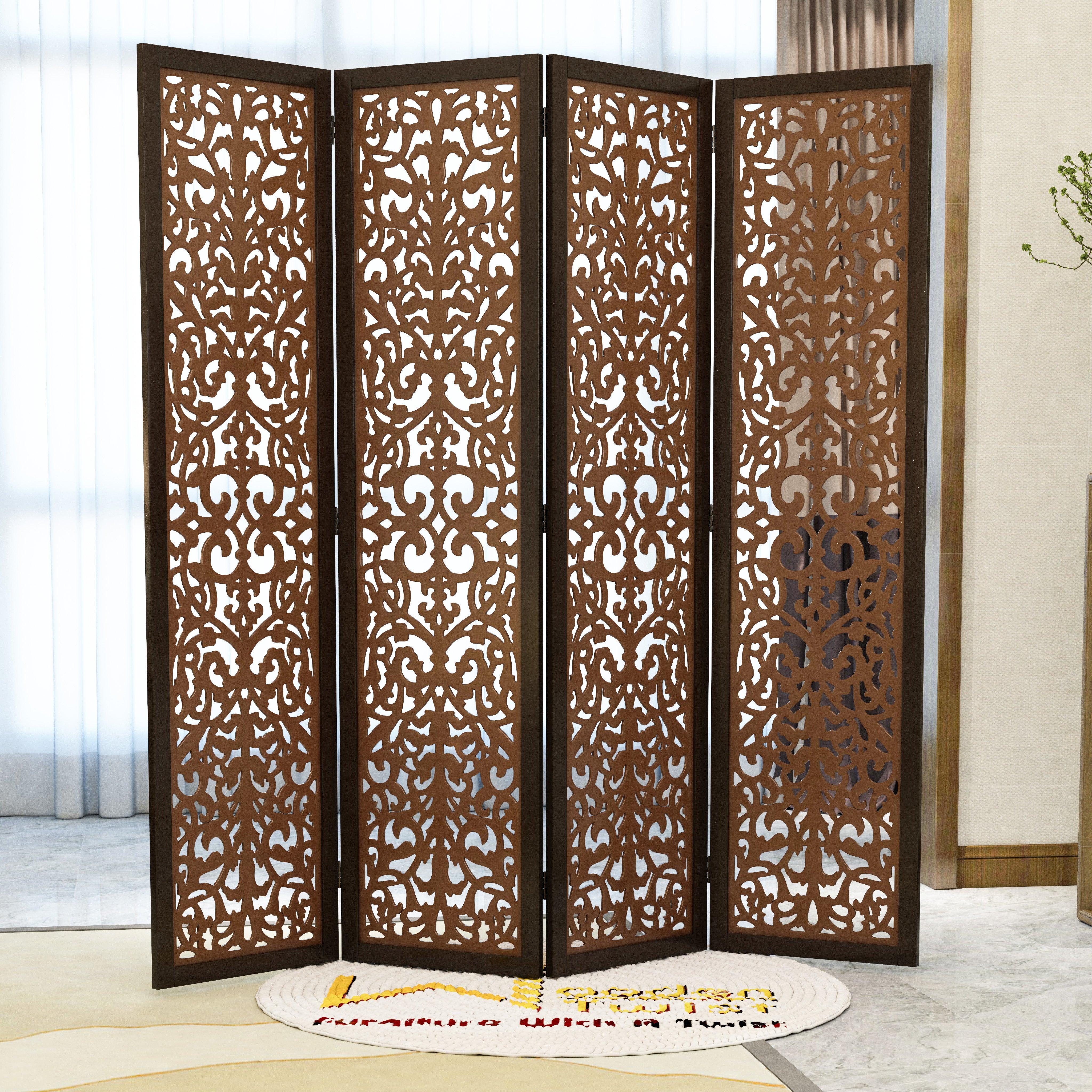 Handcrafted 4 Panel Wooden Room Partition & Room Divider (Dark Brown) - WoodenTwist