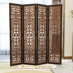 Handcrafted 4 Panel Wooden Room Partition & Room Divider (Dark Brown) - WoodenTwist