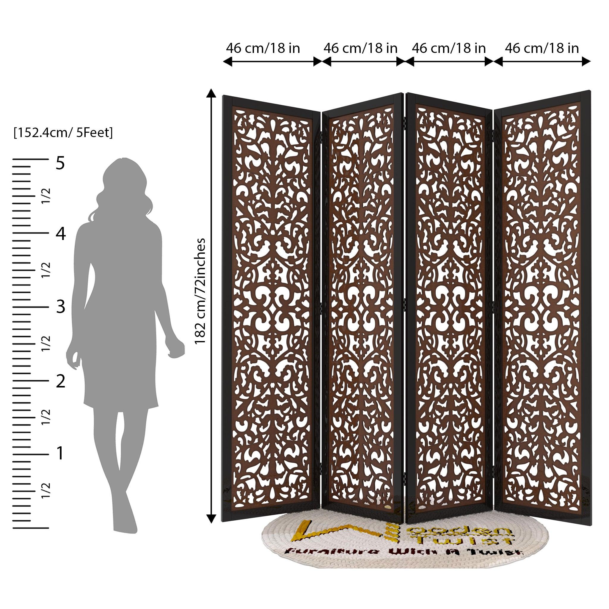 Handcrafted 4 Panel Wooden Room Partition & Room Divider (Dark Brown) - WoodenTwist