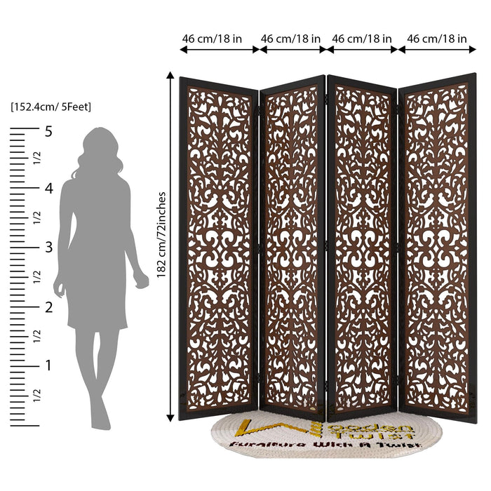 Handcrafted 4 Panel Wooden Room Partition & Room Divider (Dark Brown) - WoodenTwist