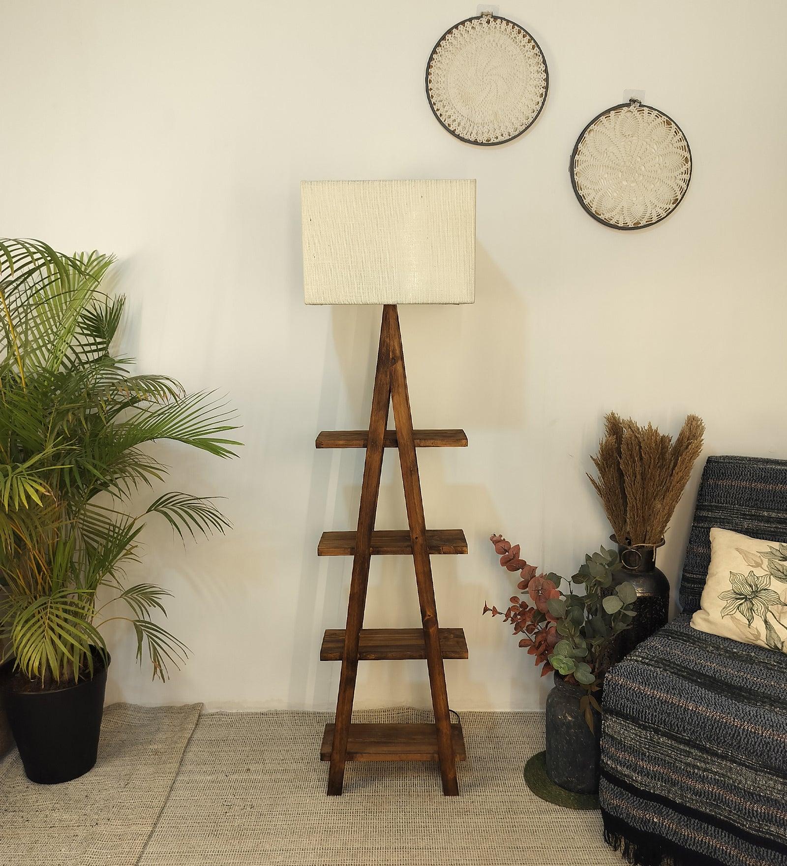 Louise Wooden Floor Lamp with Brown Base and Jute Fabric Lampshade - WoodenTwist