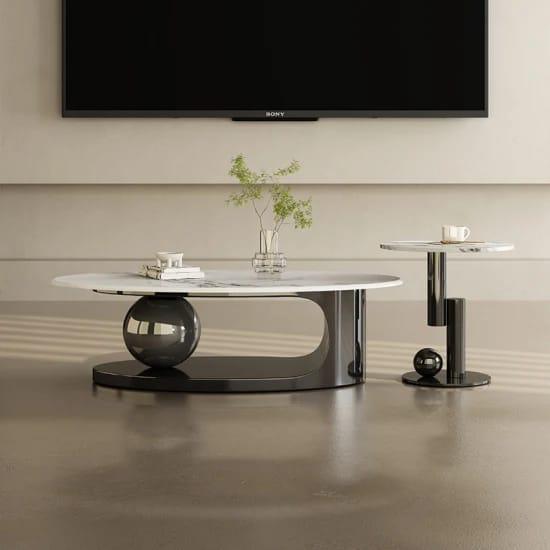Luxurious Black Nickel Tone Ball Centre Table Set of 2 with Marble Top