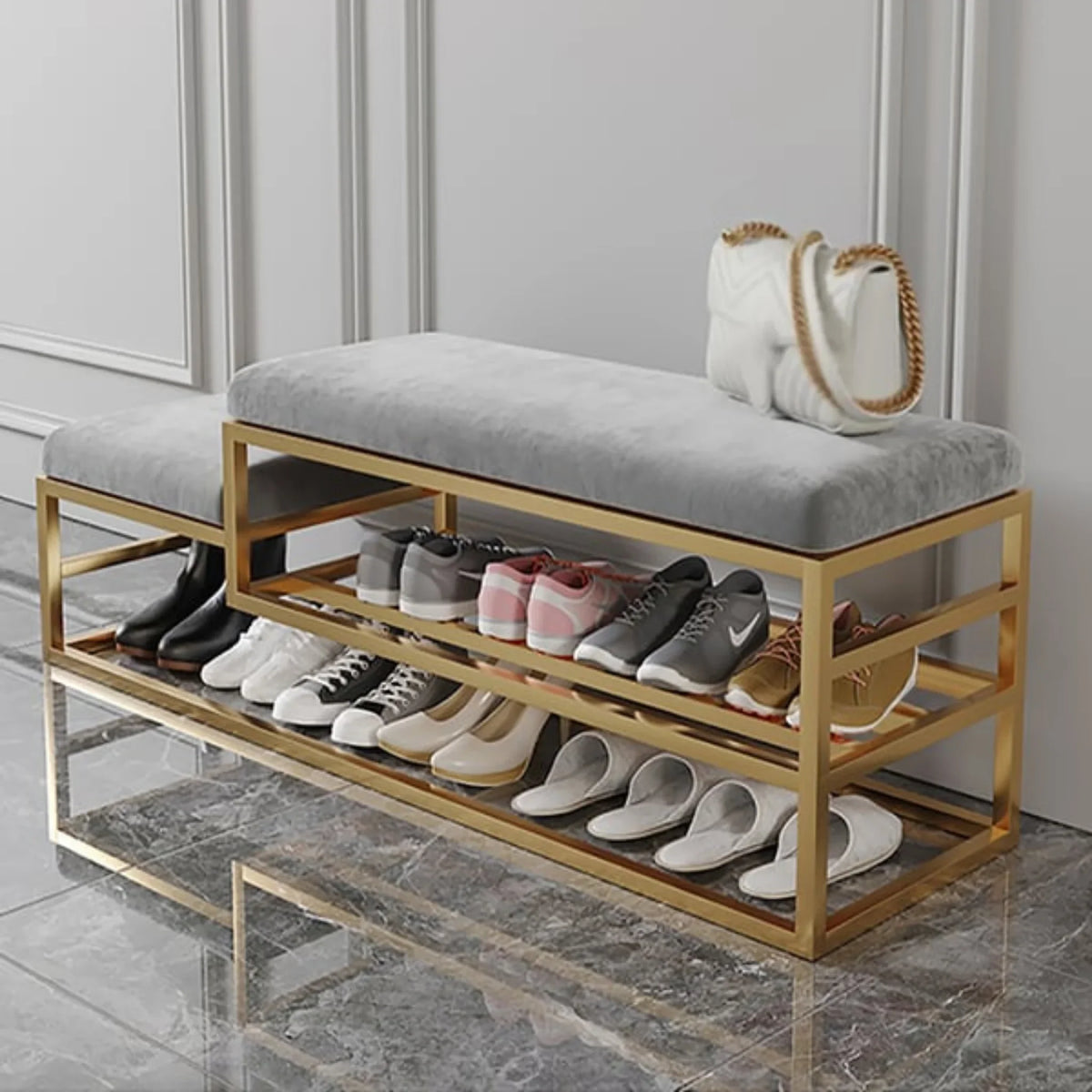 A double cushion shoe rack in gold