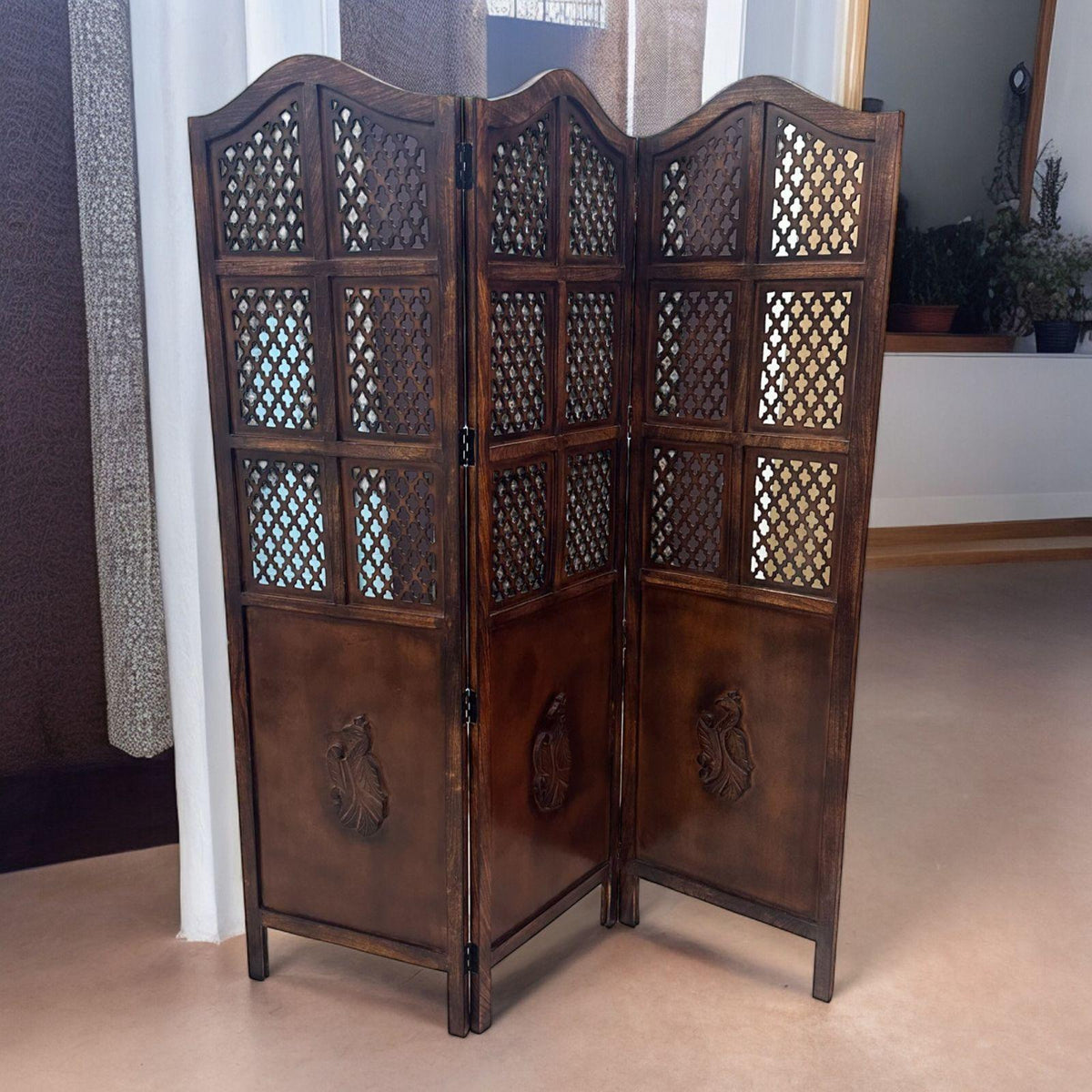 A Hand Carved 3 Panel Room Divider