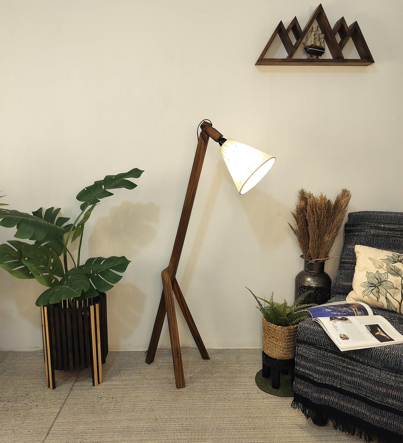 Melman Wooden Floor Lamp with Brown Base and Beige Fabric Lampshade - WoodenTwist