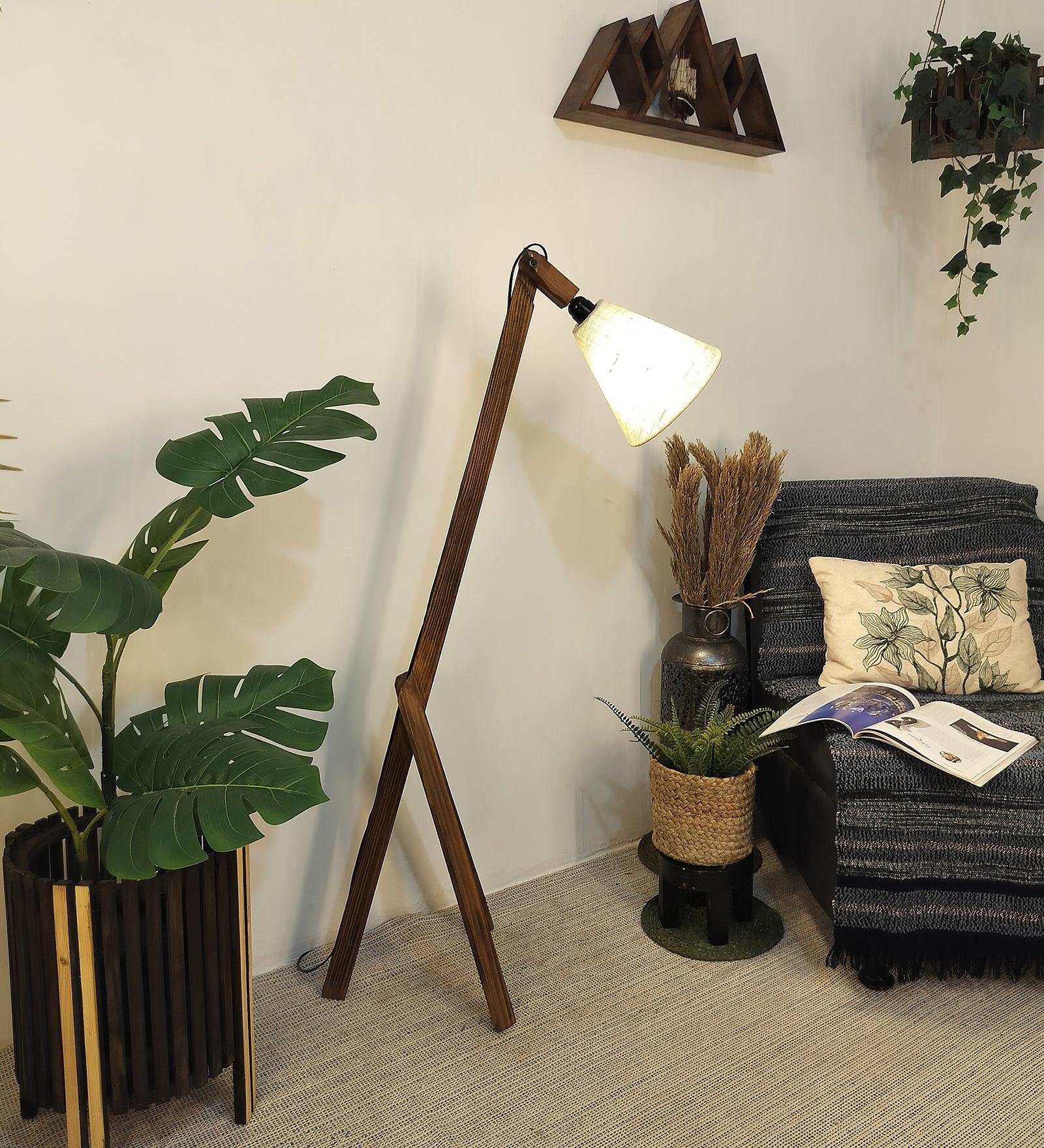 Melman Wooden Floor Lamp with Brown Base and Beige Fabric Lampshade - WoodenTwist