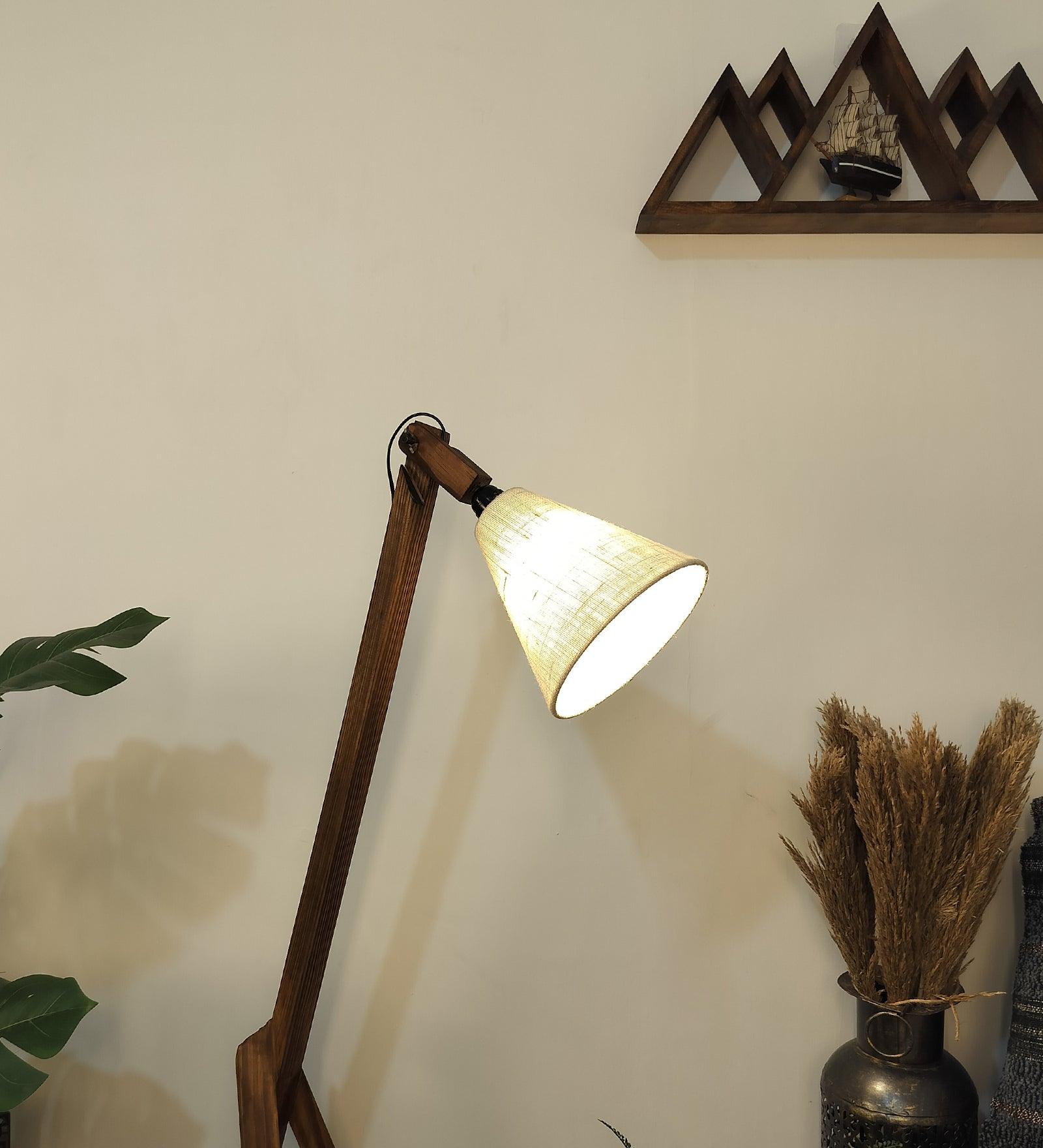 Melman Wooden Floor Lamp with Brown Base and Beige Fabric Lampshade - WoodenTwist