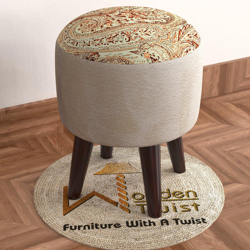 Wooden Twist Elite Puffy Ottoman Stool For Living Room ( Brown & Cream ) - WoodenTwist