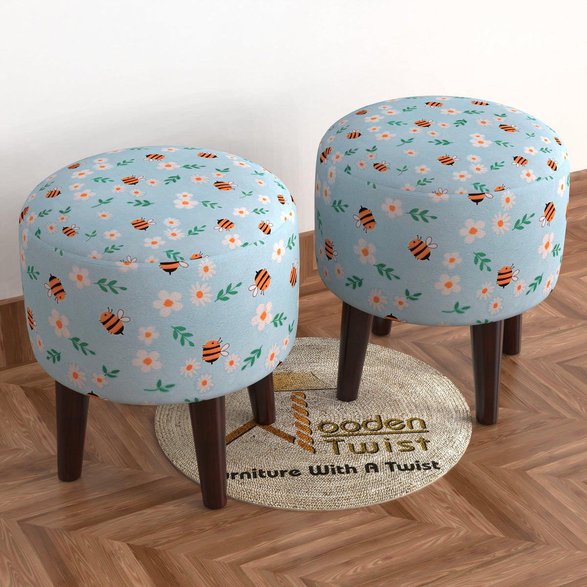 Wooden Twist Harlequin Puffy Ottoman Stool For Living Room ( Set of 2 ) - WoodenTwist