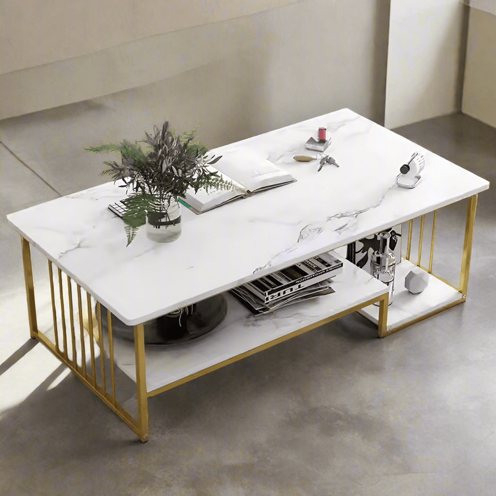 Wooden Twist Eclavon Stylish Zigzag Design Rectangular Coffee Table with Marble-Like Finish - WoodenTwist
