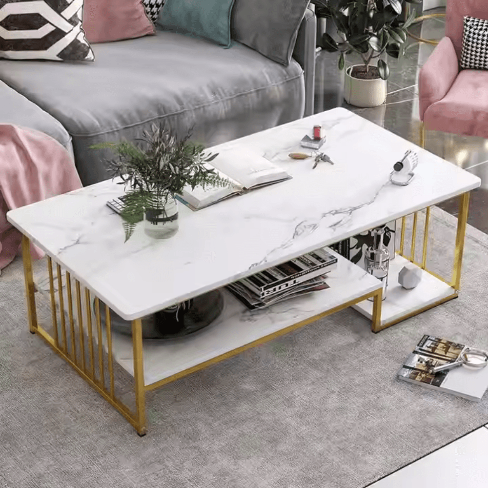 Wooden Twist Eclavon Stylish Zigzag Design Rectangular Coffee Table with Marble-Like Finish - WoodenTwist