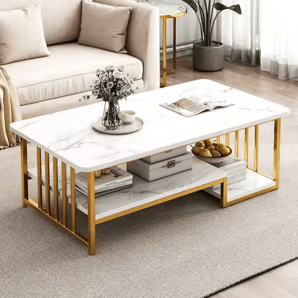 Wooden Twist Eclavon Stylish Zigzag Design Rectangular Coffee Table with Marble-Like Finish - WoodenTwist
