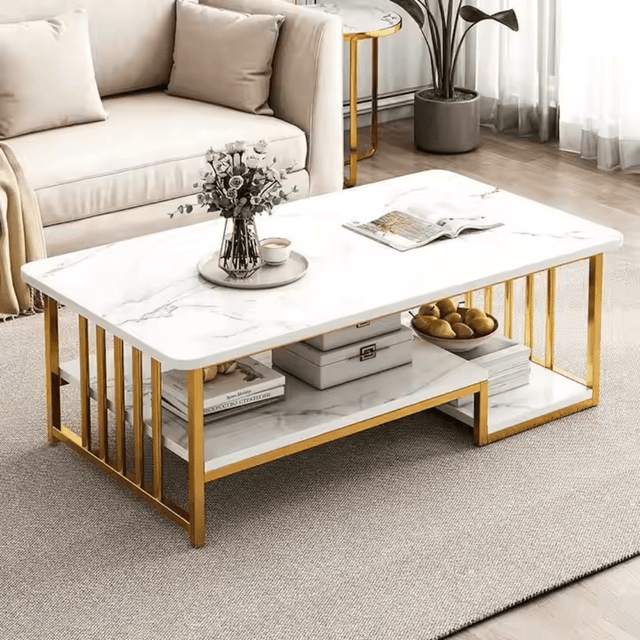 Wooden Twist Eclavon Stylish Zigzag Design Rectangular Coffee Table with Marble-Like Finish - WoodenTwist
