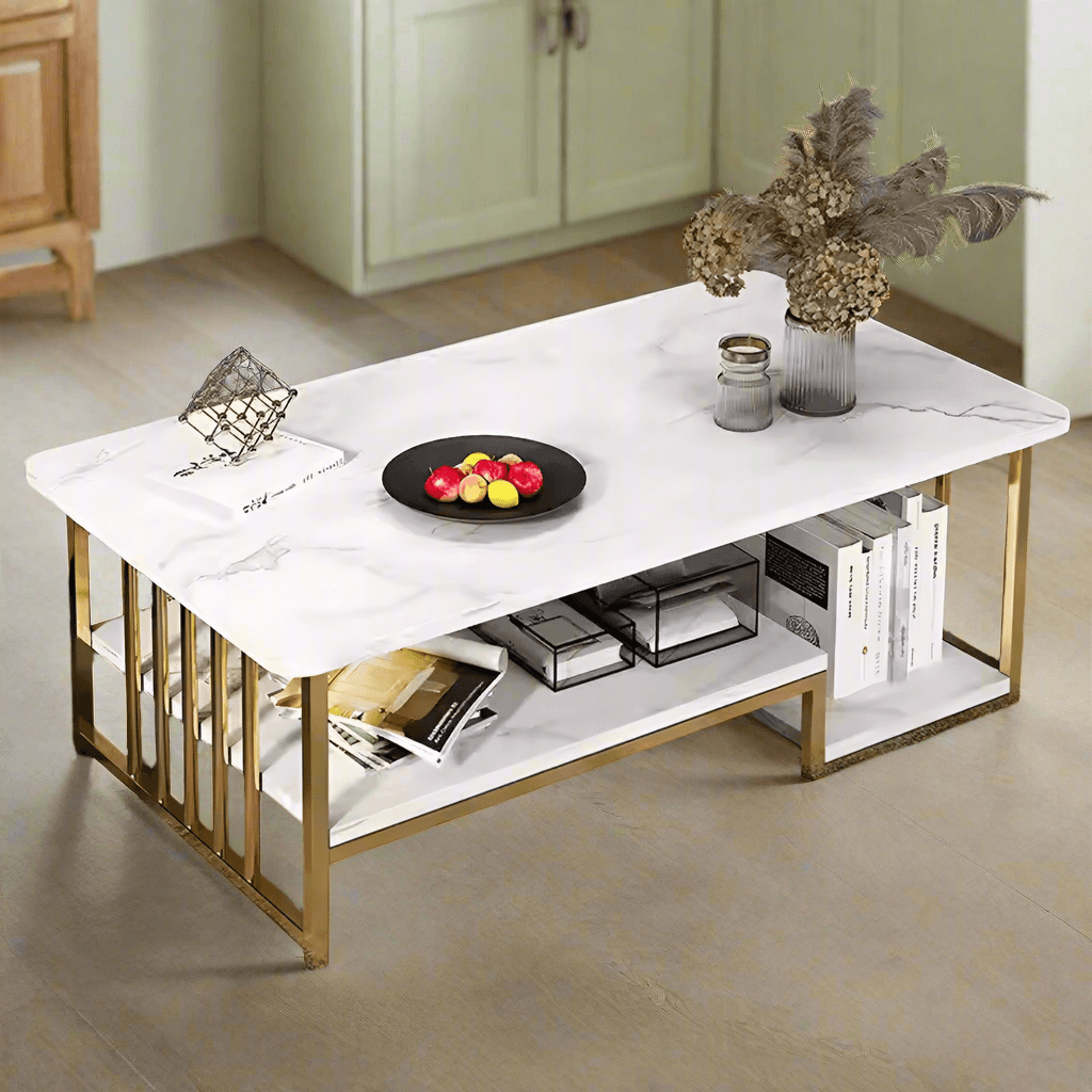 Wooden Twist Eclavon Stylish Zigzag Design Rectangular Coffee Table with Marble-Like Finish - WoodenTwist
