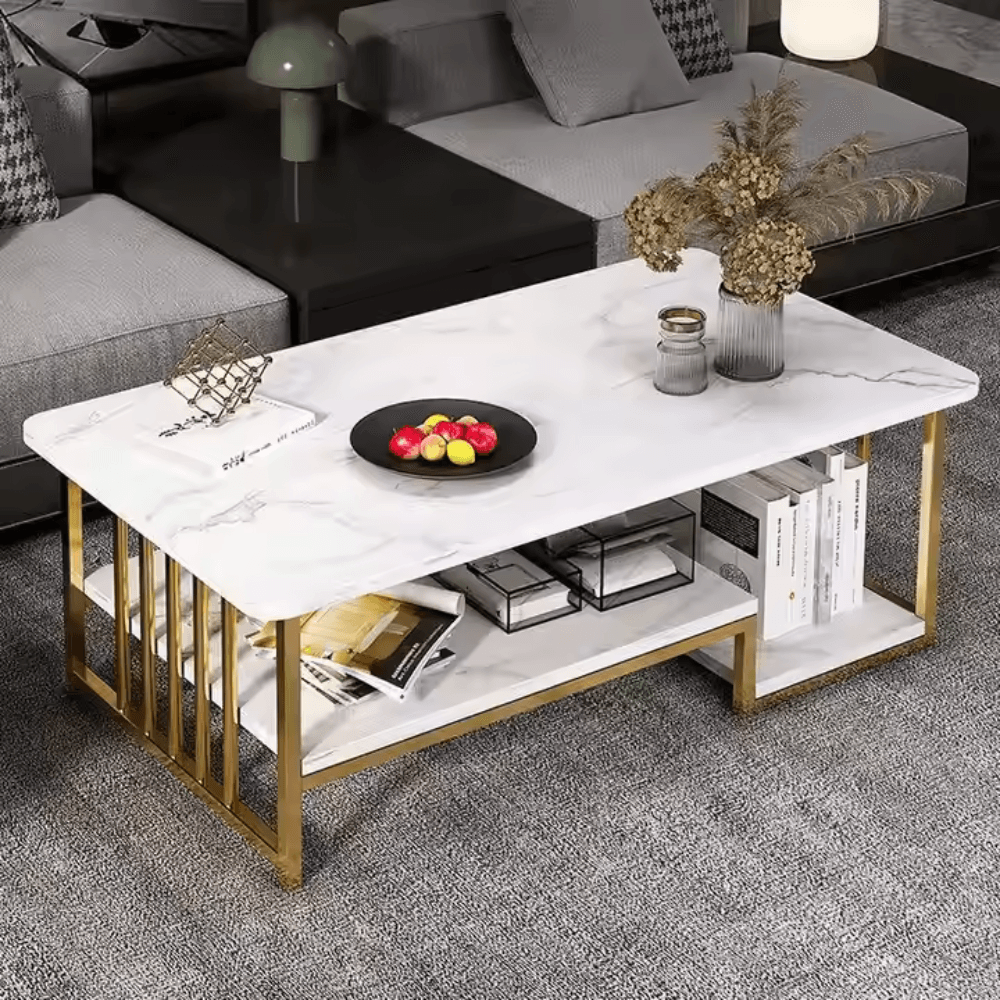 Wooden Twist Eclavon Stylish Zigzag Design Rectangular Coffee Table with Marble-Like Finish - WoodenTwist