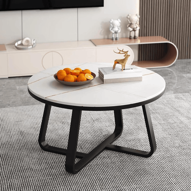 Wooden Twist Robust Stylish Metal Base Marble Finish Laminated Top Coffee Table (Black & White) - WoodenTwist