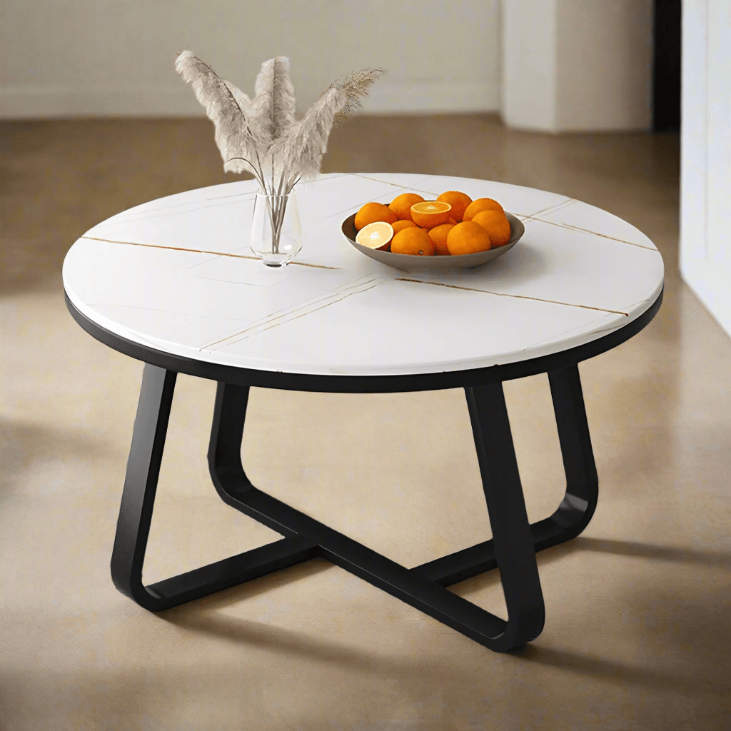 Wooden Twist Robust Stylish Metal Base Marble Finish Laminated Top Coffee Table (Black & White) - WoodenTwist