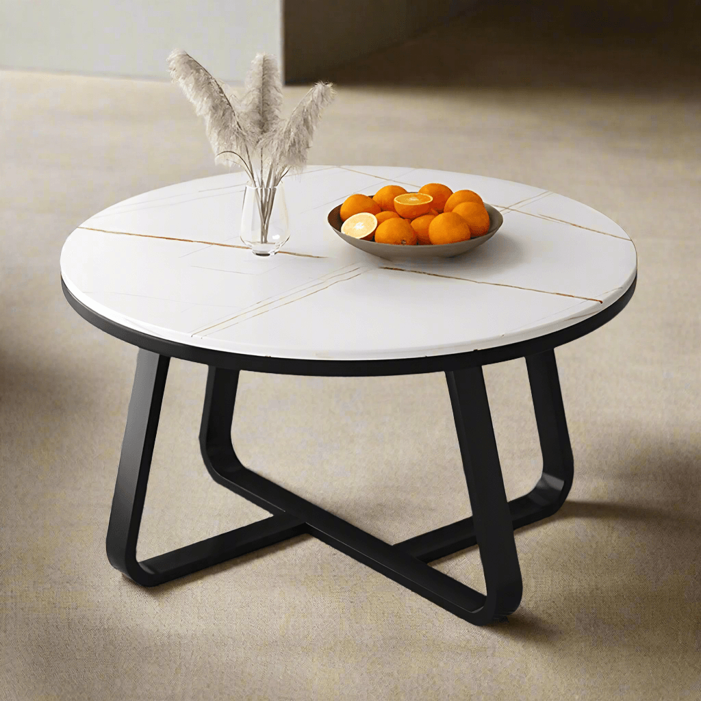 Wooden Twist Robust Stylish Metal Base Marble Finish Laminated Top Coffee Table (Black & White) - WoodenTwist
