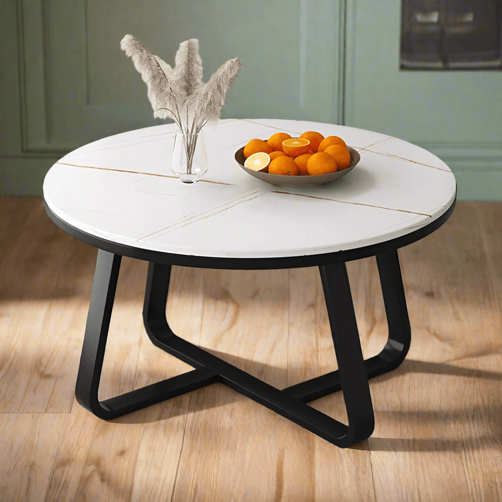 Wooden Twist Robust Stylish Metal Base Marble Finish Laminated Top Coffee Table (Black & White) - WoodenTwist