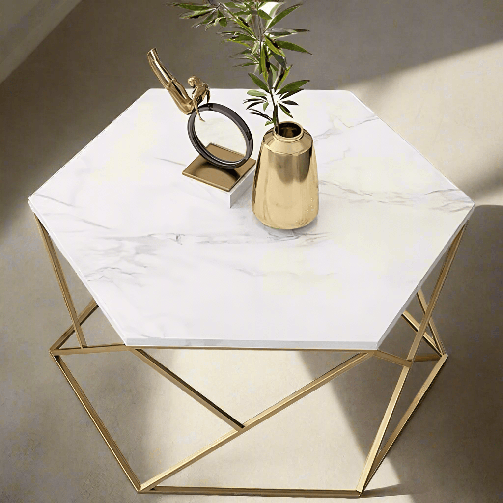 Wooden Twist Vortexa Hexagon Design Coffee Table with Marble-Like Finish Top Modern & Elegant Nesting Table (Set of 2) - Wood