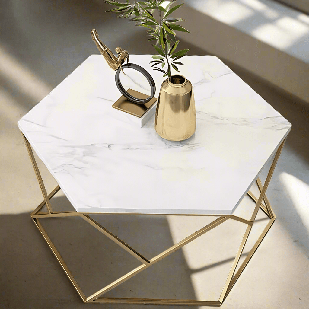 Wooden Twist Vortexa Hexagon Design Coffee Table with Marble-Like Finish Top Modern & Elegant Nesting Table (Set of 2) - Wood