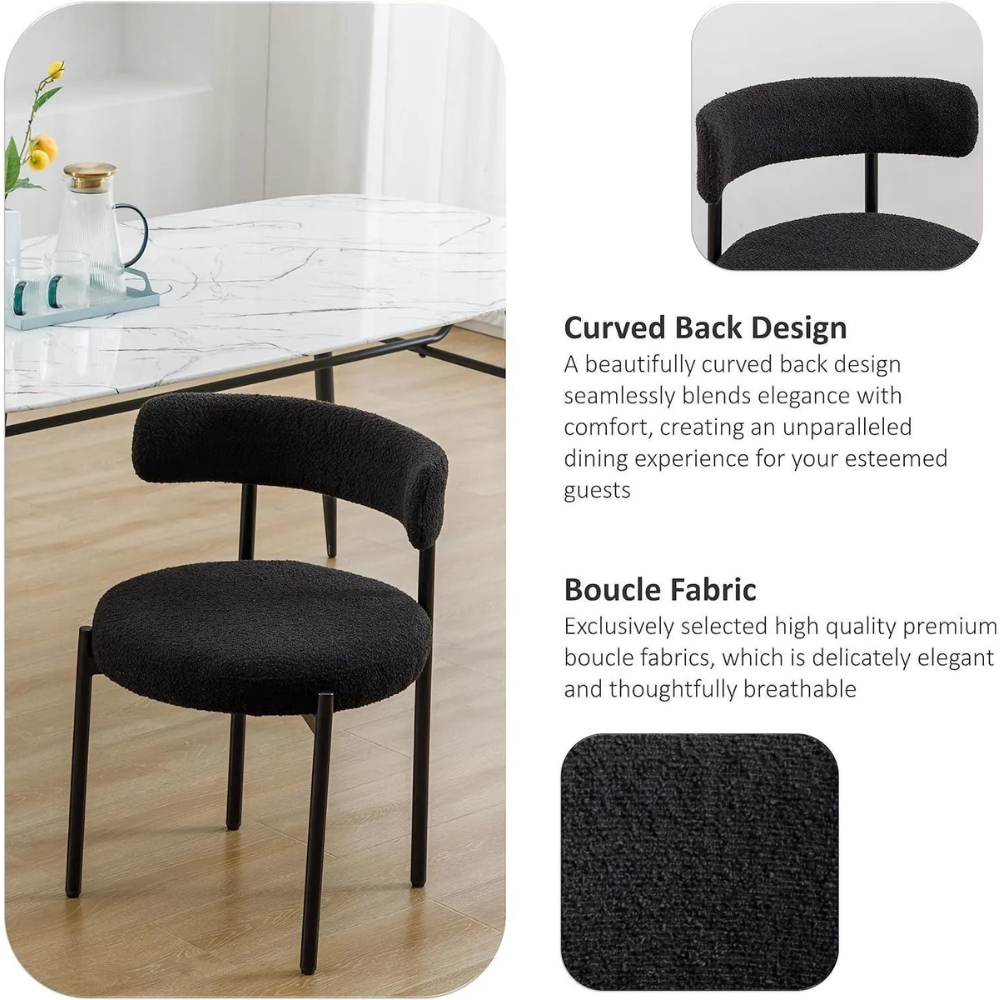 Wooden Twist Round Upholstered Boucle Dining Room Chair Mid-Century Modern Kitchen Chairs Curved Backrest Chairs for Dining Room Black Metal Legs