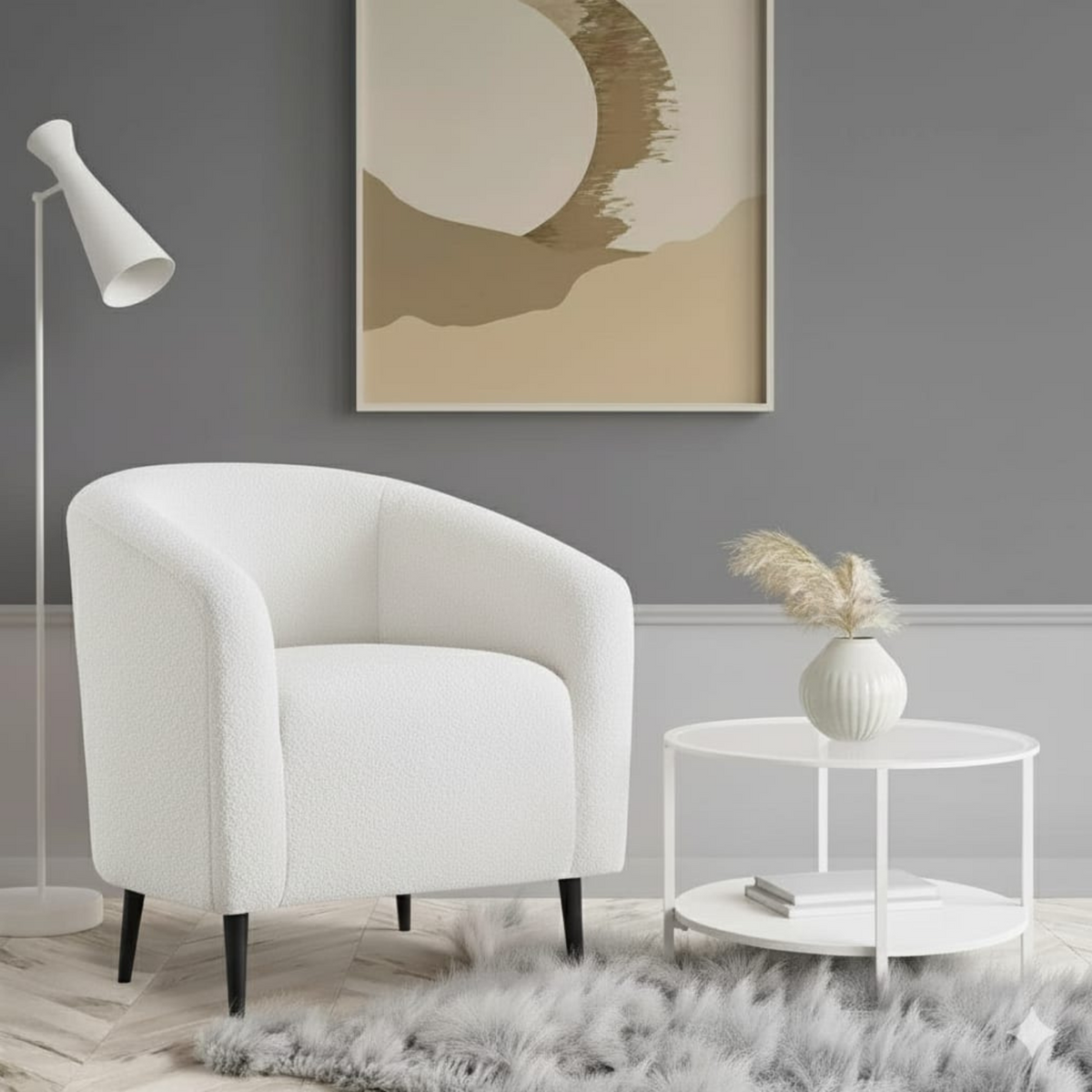 A boucle lounge chair with mid-century lines