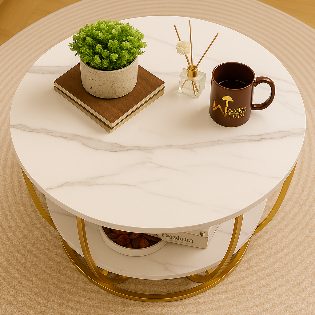 Round marble coffee table with decorative items on a beige surface