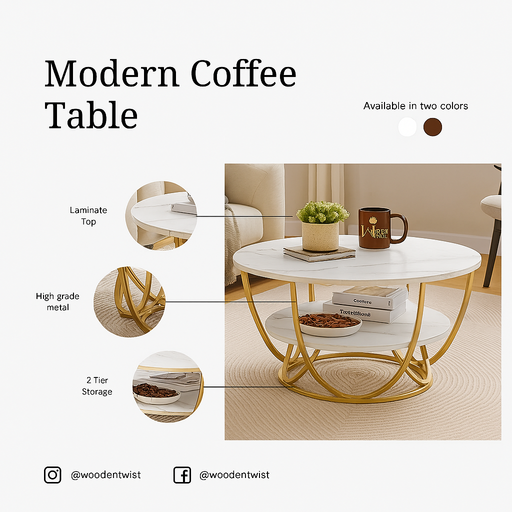 Modern coffee table with laminate top and gold metal frame, shown with decorative items.