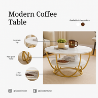 Modern coffee table with laminate top and gold metal frame, shown with decorative items.