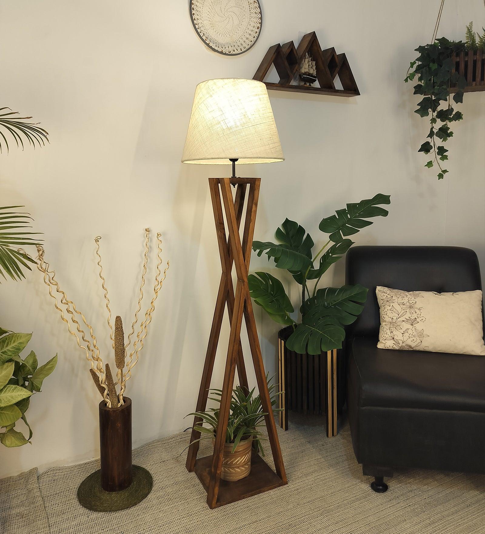 Monica Wooden Floor Lamp with Premium Beige Fabric Lampshade - WoodenTwist