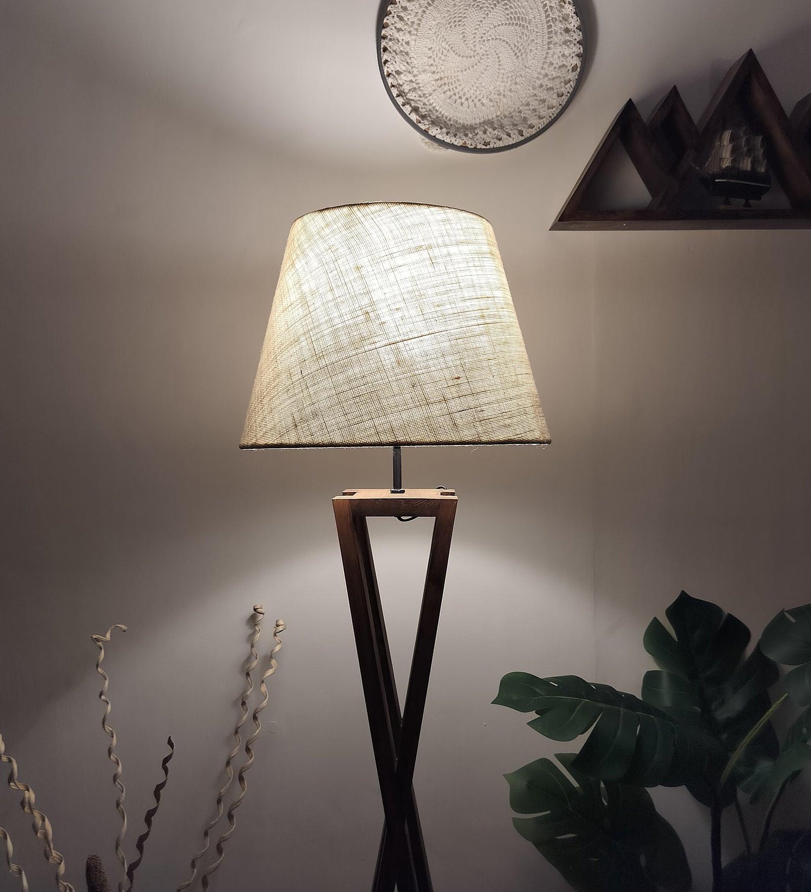 Monica Wooden Floor Lamp with Premium Beige Fabric Lampshade - WoodenTwist