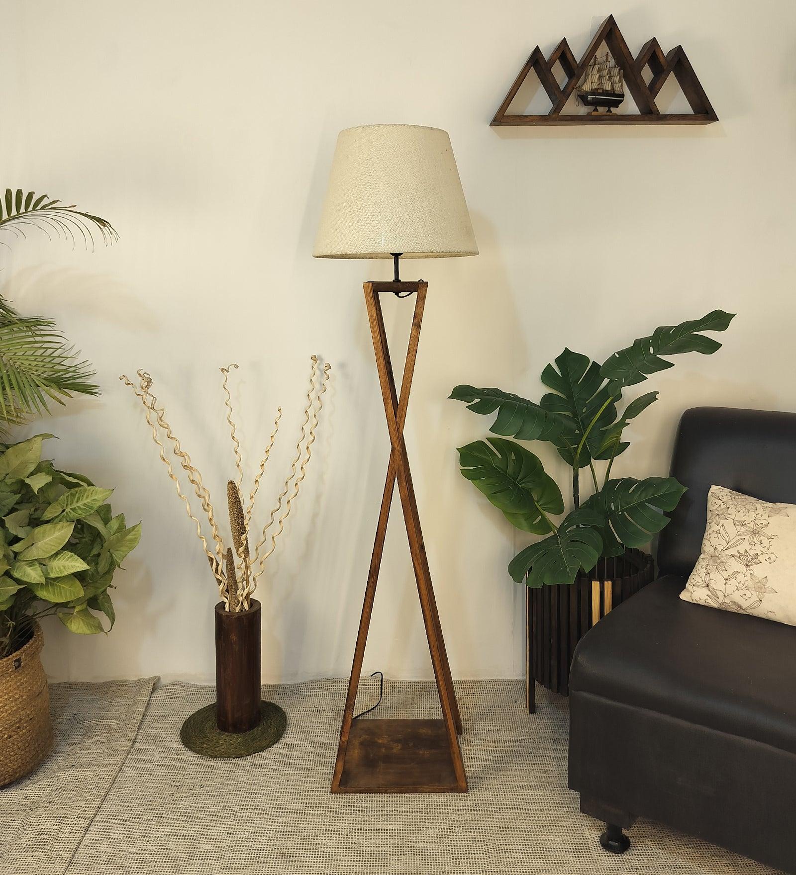 Monica Wooden Floor Lamp with Premium Beige Fabric Lampshade - WoodenTwist