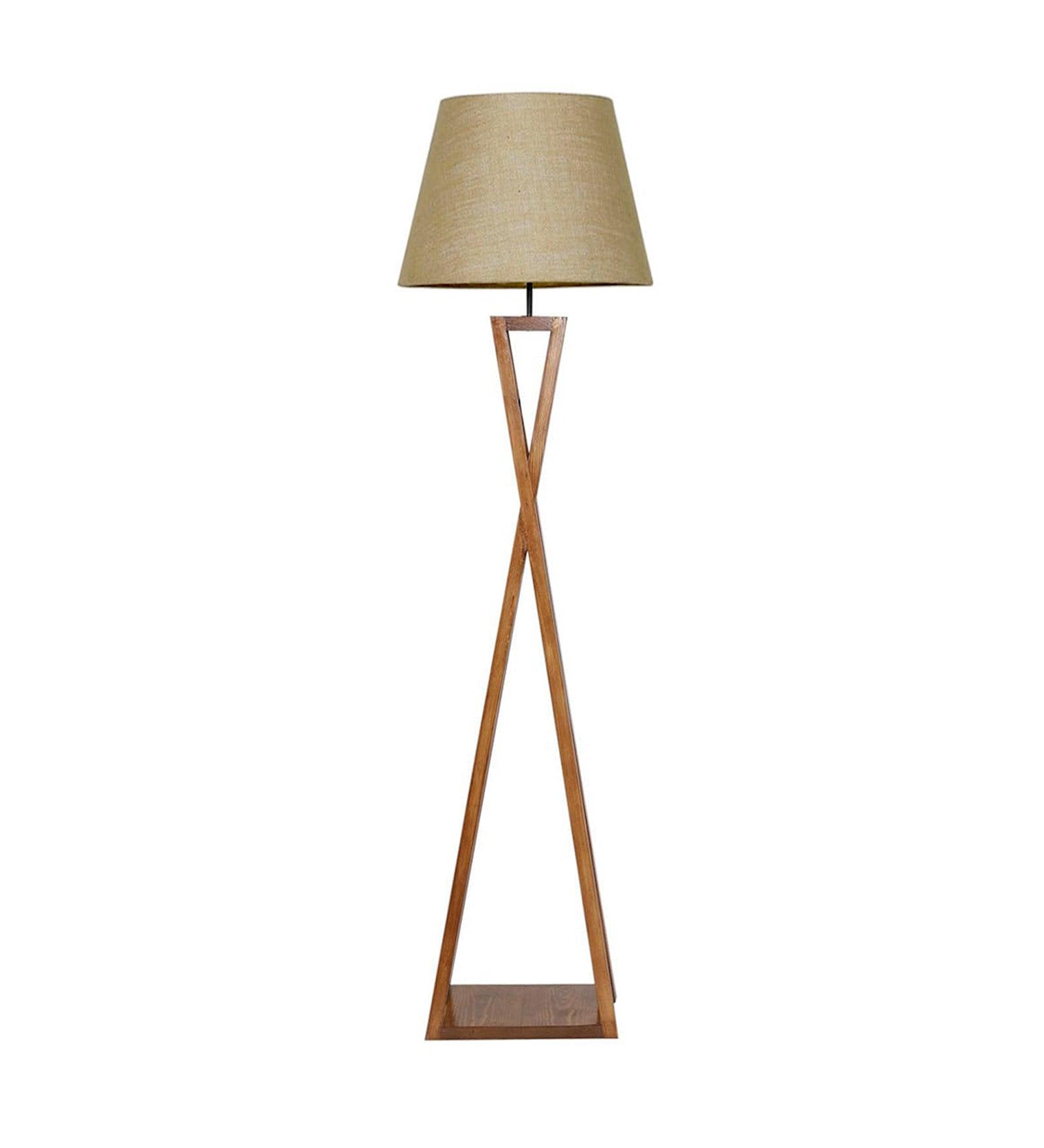 Monica Wooden Floor Lamp with Premium Beige Fabric Lampshade - WoodenTwist