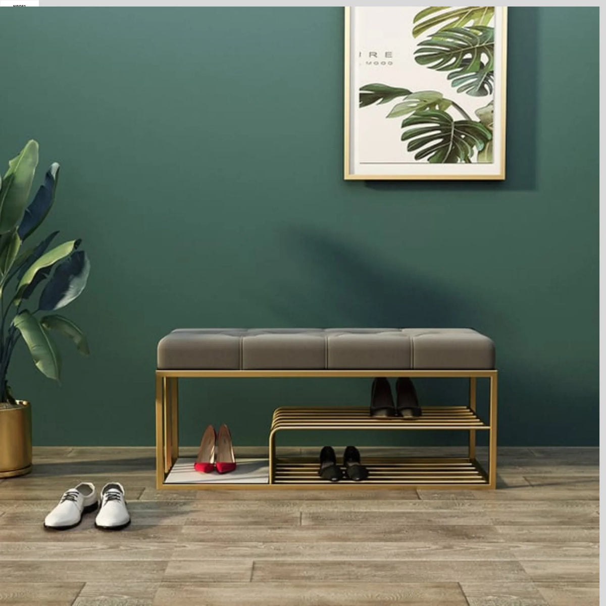 Shoe storage with a soft grey cushion