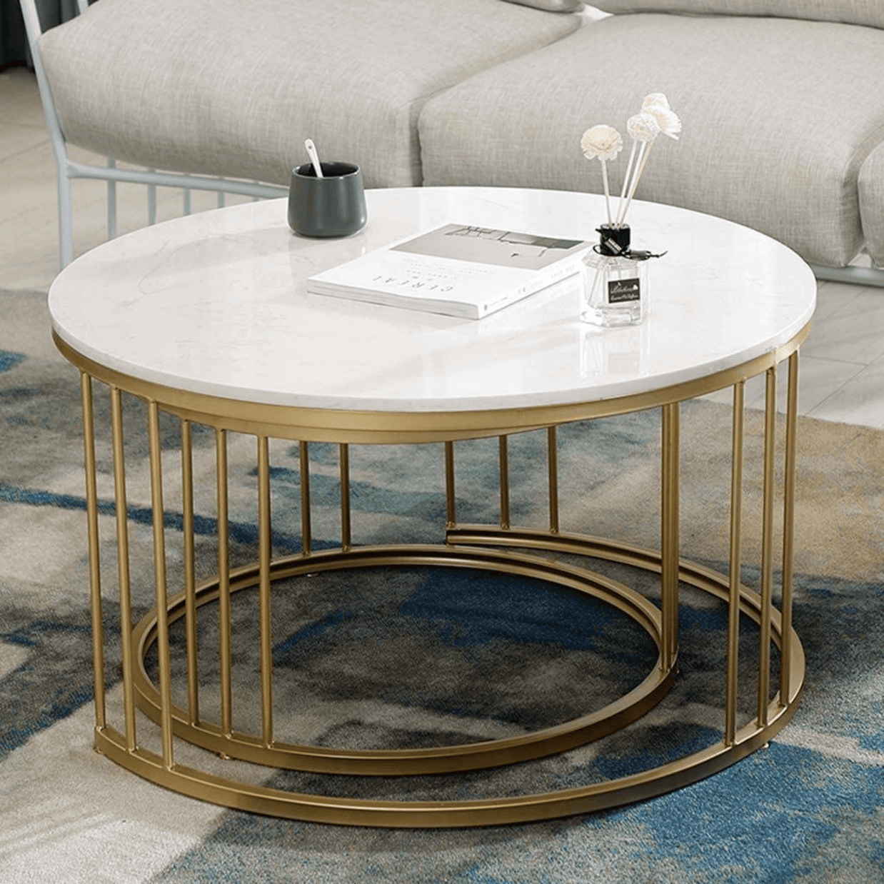 Wooden Twist Stylish Look Center Nesting Wrought Iron Round Coffee Table White Marble Finish Laminated Top (Set of 2) - WoodenTwist