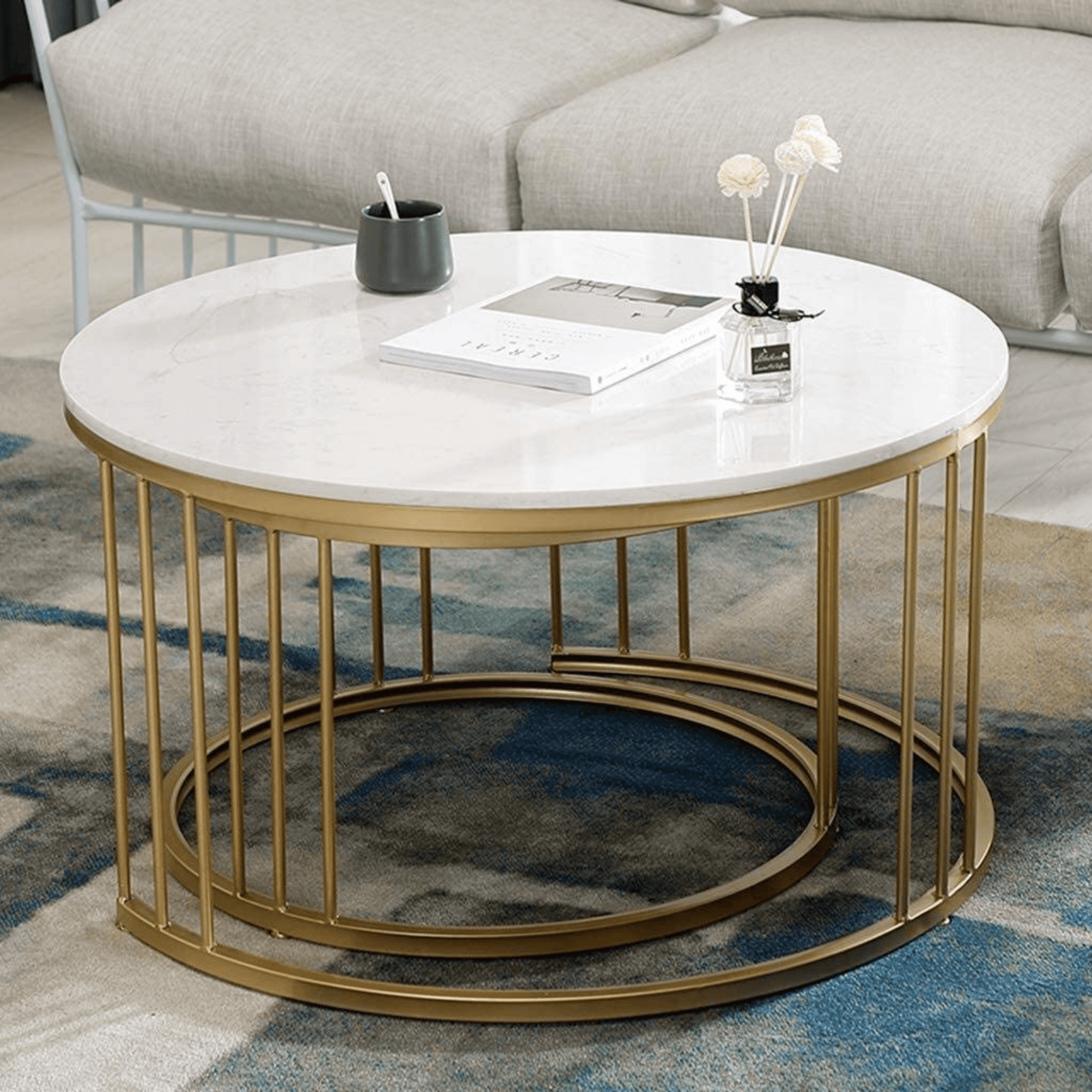 Wooden Twist Stylish Look Center Nesting Wrought Iron Round Coffee Table White Marble Finish Laminated Top (Set of 2) - WoodenTwist