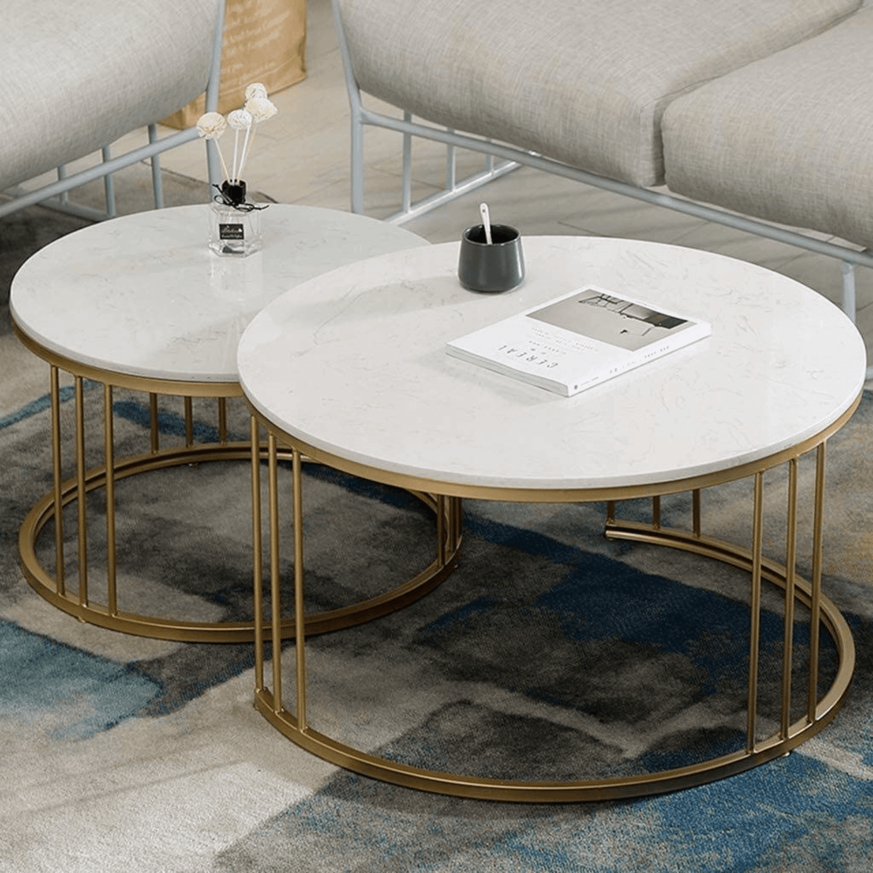 Wooden Twist Stylish Look Center Nesting Wrought Iron Round Coffee Table White Marble Finish Laminated Top (Set of 2) - WoodenTwist
