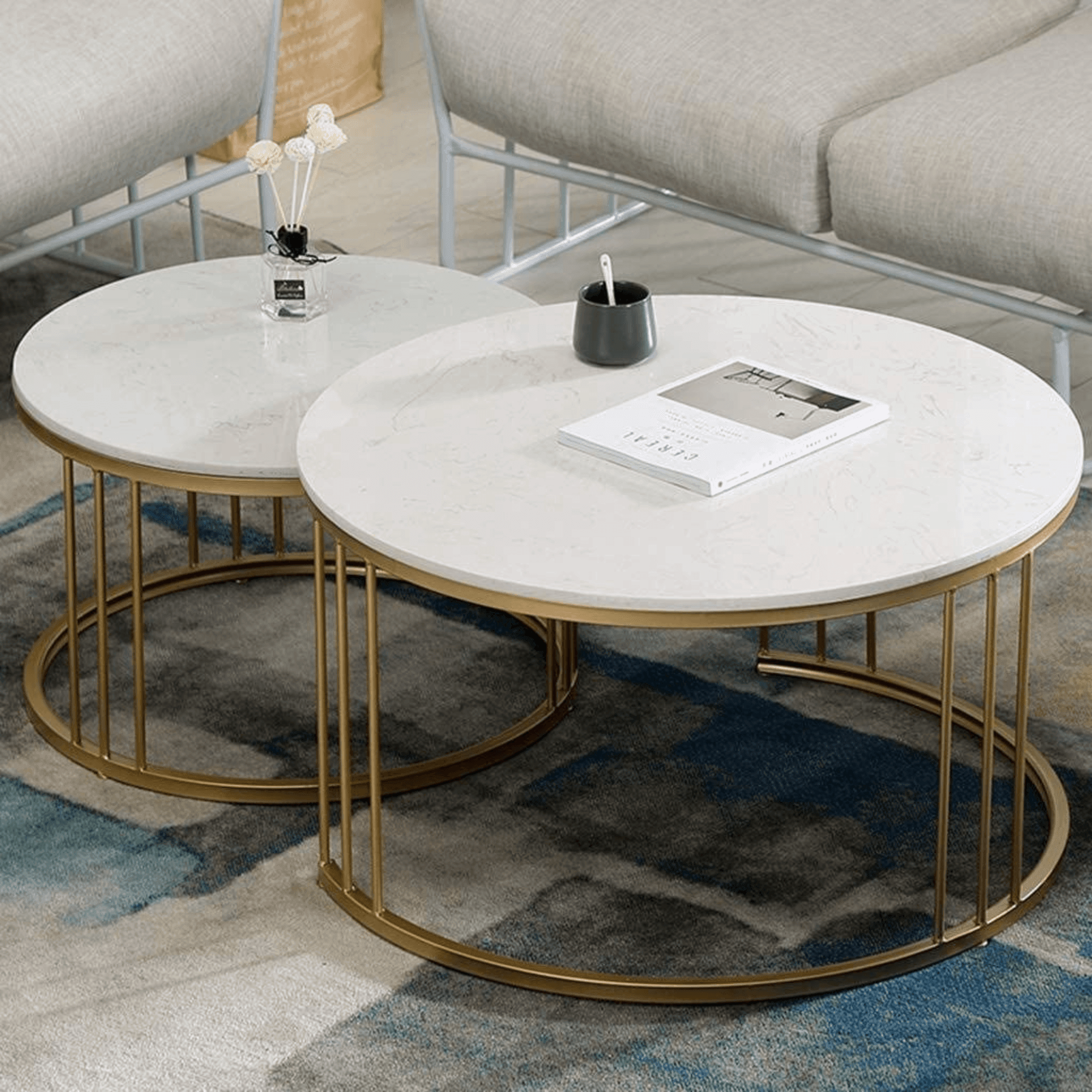 Wooden Twist Stylish Look Center Nesting Wrought Iron Round Coffee Table White Marble Finish Laminated Top (Set of 2) - WoodenTwist