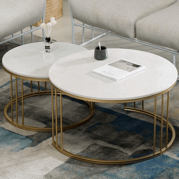 Wooden Twist Stylish Look Center Nesting Wrought Iron Round Coffee Table White Marble Finish Laminated Top (Set of 2) - WoodenTwist