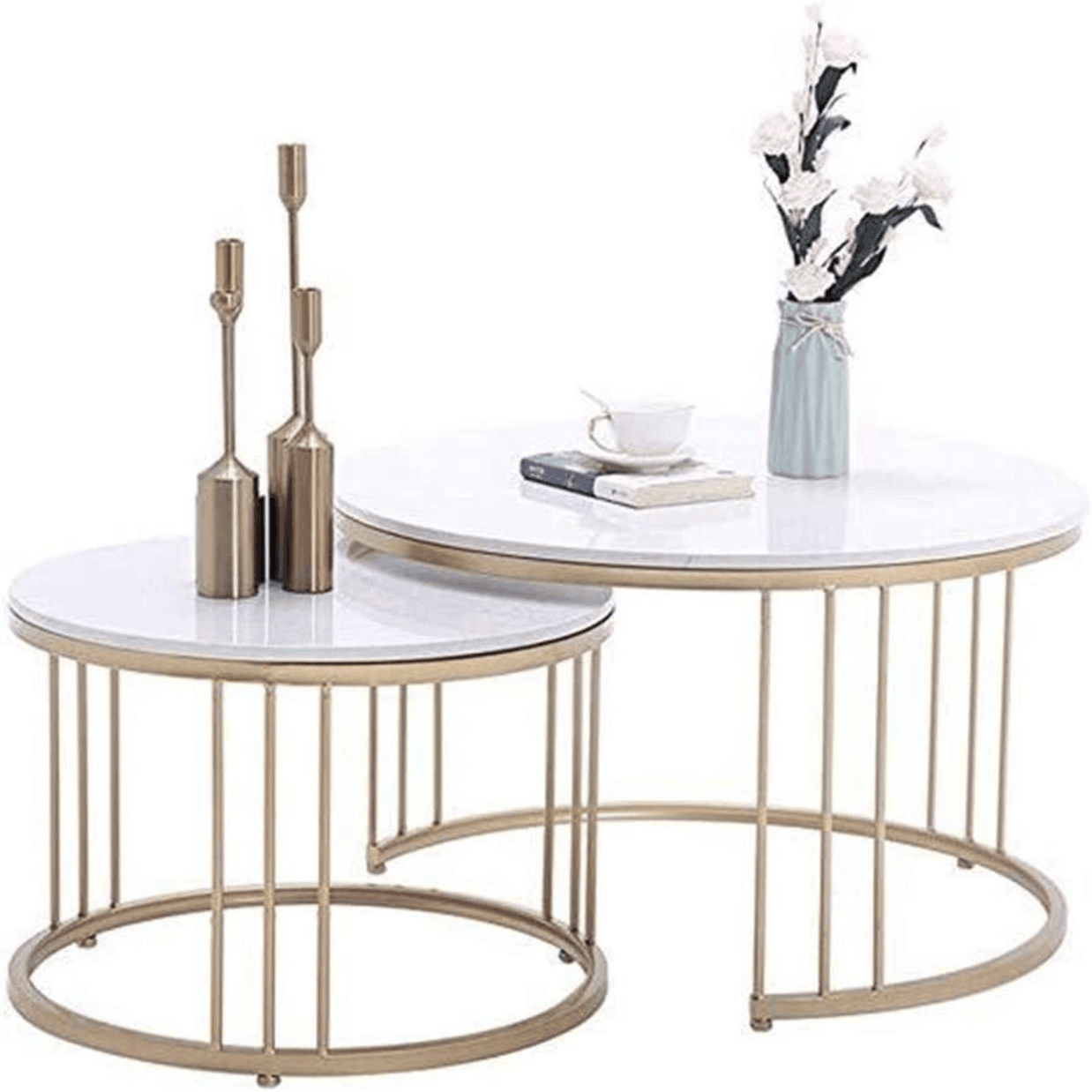 Wooden Twist Stylish Look Center Nesting Wrought Iron Round Coffee Table White Marble Finish Laminated Top (Set of 2) - WoodenTwist