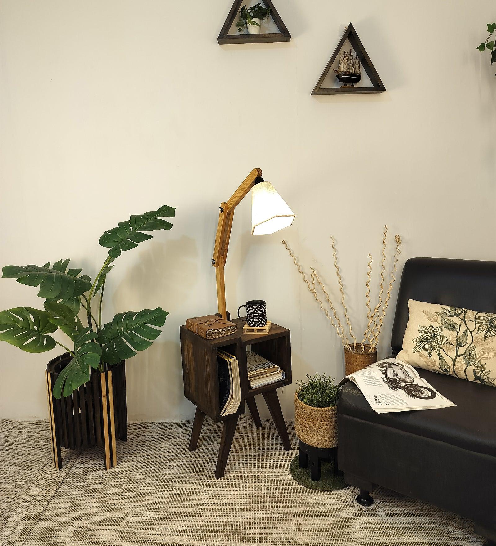 Noel Wooden Floor Lamp with Brown Base and Jute Fabric Lampshade - WoodenTwist