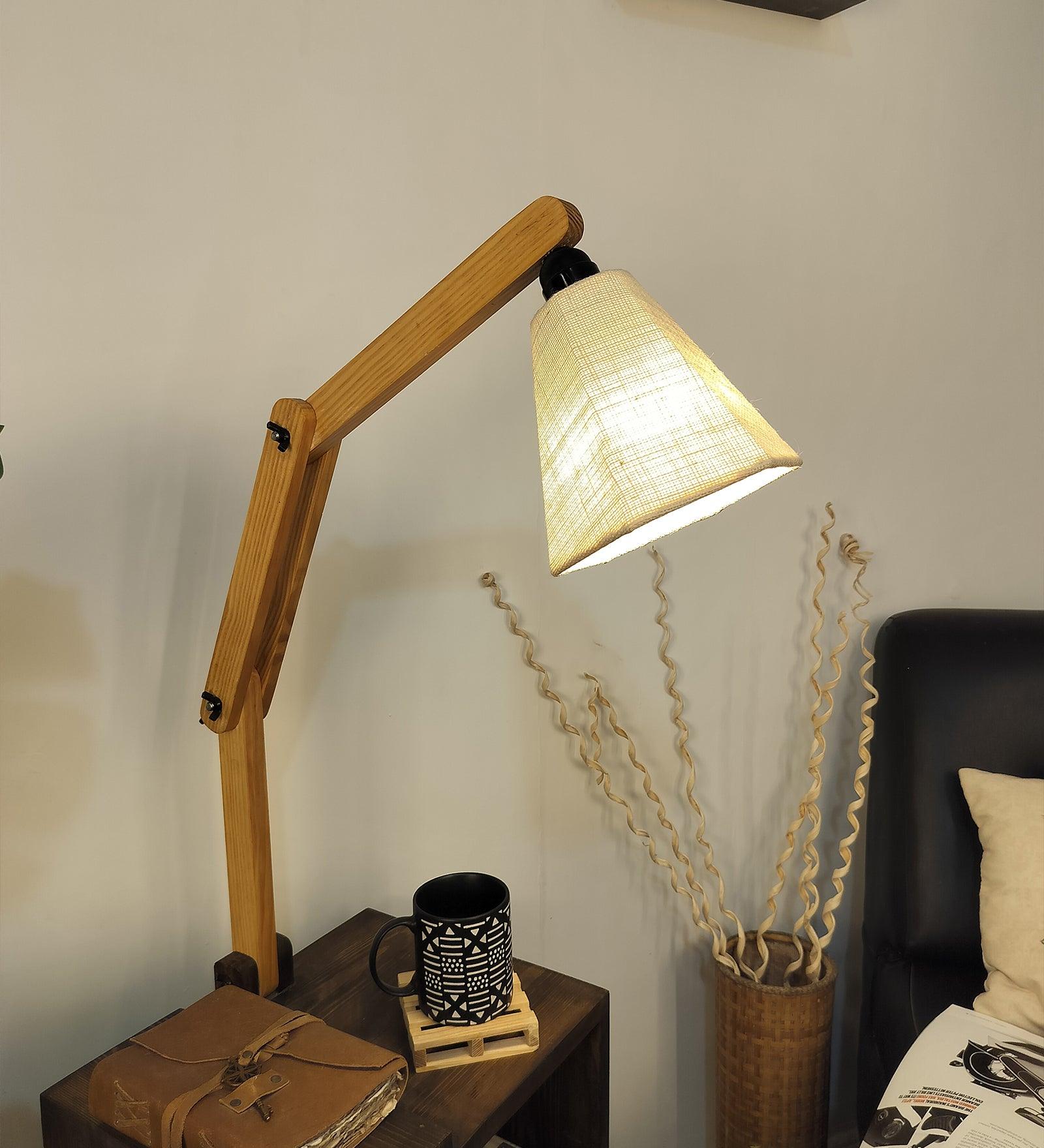 Noel Wooden Floor Lamp with Brown Base and Jute Fabric Lampshade - WoodenTwist