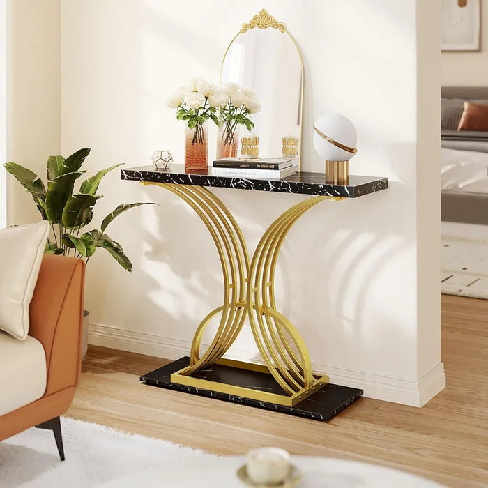 Luxurious Rectangle Makeup Table with Black Wooden Top - Modern Design (Golden) - WoodenTwist