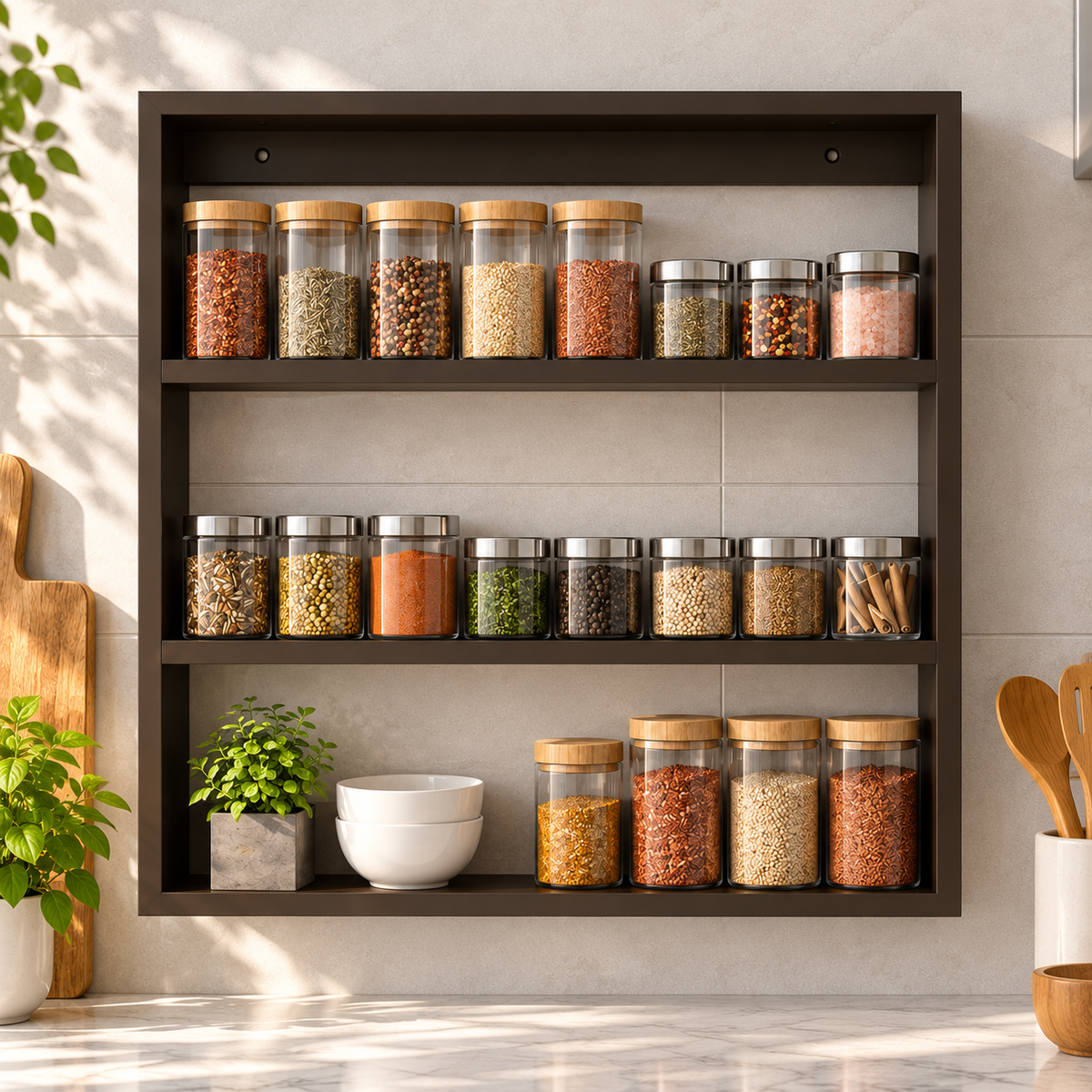 बड़ी लकड़ी की रसोई दीवार शेल्फ रैक मल्टी-फंक्शन शेल्फ (भूरा)